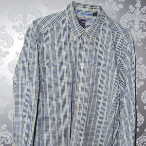 T Harris London Mens Button Down Plaid Cotton Long Sleeve Blue & Green Xl